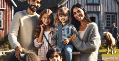 Familie med barn og en liten ponni ved et historisk gårdstun, nydelig nordisk lys, tradisjonelle bygninger og glade ansikter
