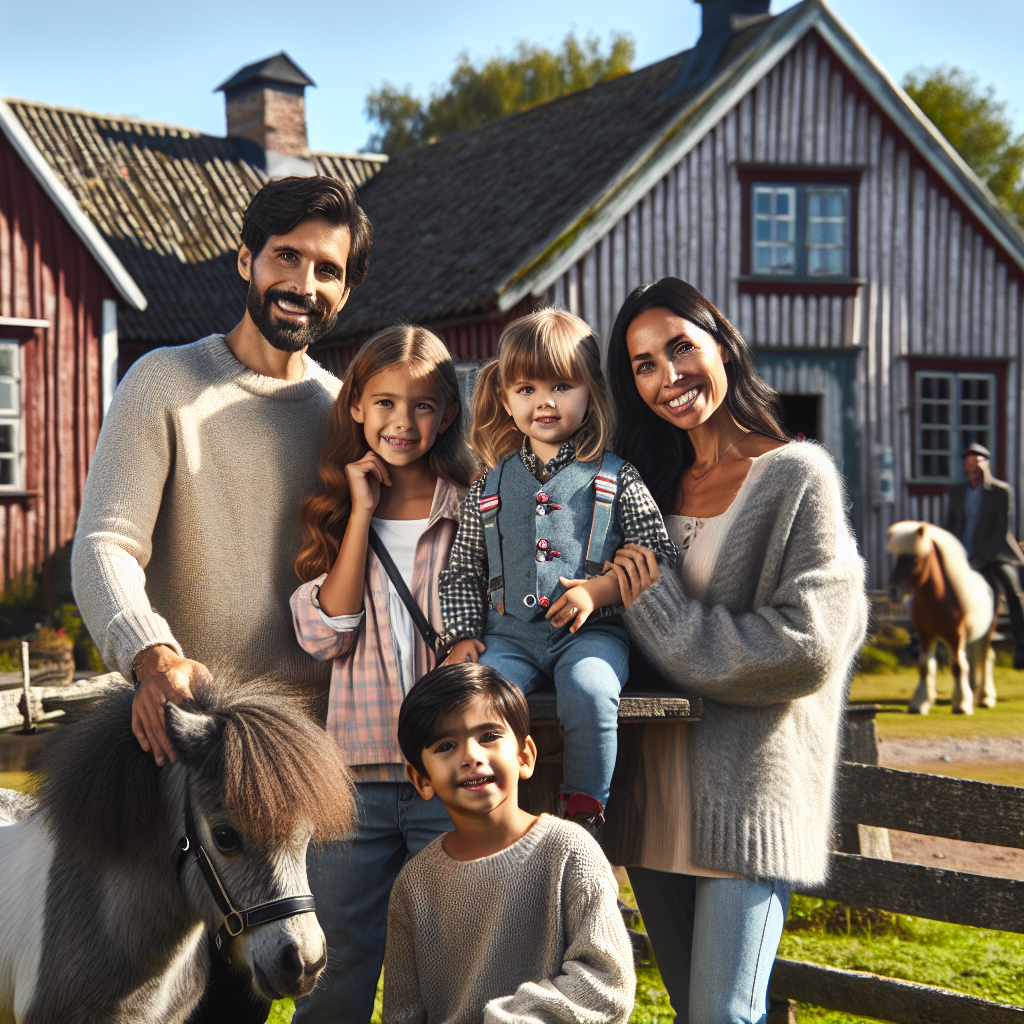 Familie med barn og en liten ponni ved et historisk gårdstun, nydelig nordisk lys, tradisjonelle bygninger og glade ansikter