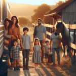 Familie som går av et tog på en landsbygdstasjon, barna smiler og en liten ponni står ved en gjerding i bakgrunnen; varm, naturlig belysning, hyggelig familieøyeblikk