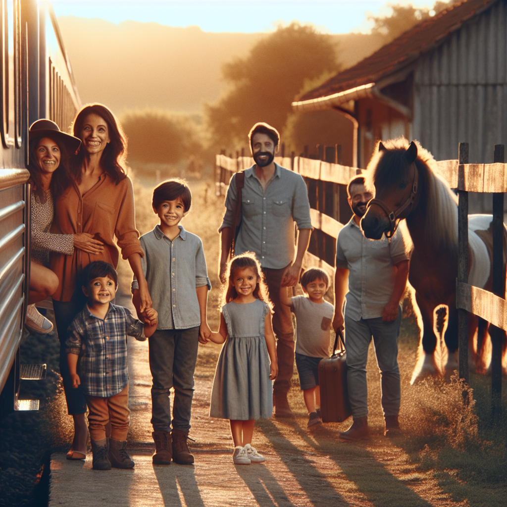 Familie som går av et tog på en landsbygdstasjon, barna smiler og en liten ponni står ved en gjerding i bakgrunnen; varm, naturlig belysning, hyggelig familieøyeblikk