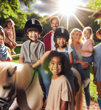 Barn som koser seg med en ponni i en grønn rideskolehage, sollys, hjelmer, smilende familier og trygt oppsett