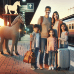 Familievennlig scene: familie med barn og ponni-symbol på en togplattform, lett utstyr, solnedgang, varm og innbydende fargepalett