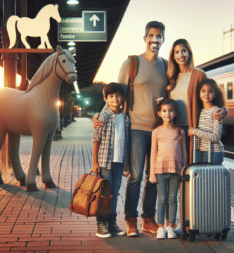 Familievennlig scene: familie med barn og ponni-symbol på en togplattform, lett utstyr, solnedgang, varm og innbydende fargepalett