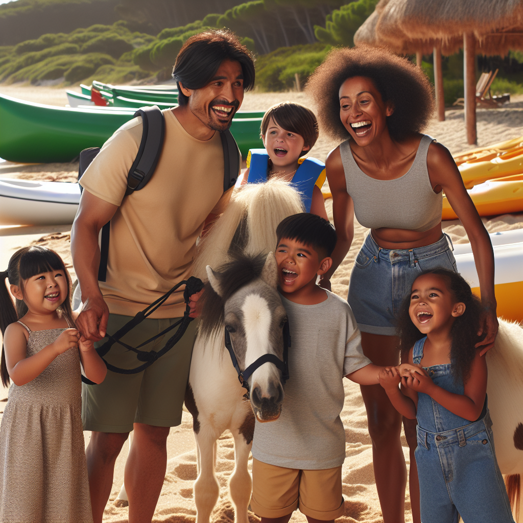 Sommerscene med en familie og ponnier på en rolig sandstrand, redningsvester og kajakker i bakgrunnen, naturlig lys og trygt miljø