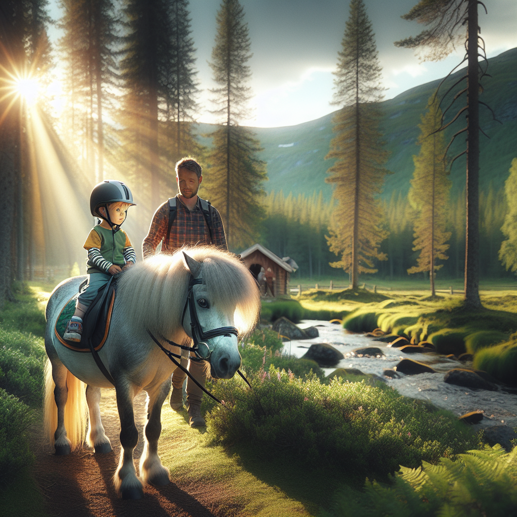 Familie på tur med ponni i nordisk natur, barn med godkjent hjelm, trygg oppstilling, mykt lys, rolig og idyllisk stemning