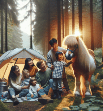 Familie som camper med en ponni ved telt i norsk skog, mild kveldssol, varm og trygg atmosfære