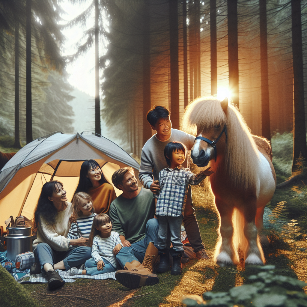 Familie som camper med en ponni ved telt i norsk skog, mild kveldssol, varm og trygg atmosfære