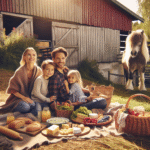 Familievennlig piknik ved stall: foreldre og barn med kurv fulle av lokale delikatesser, ost, brød, frukt og en ponni i bakgrunnen, varmt naturlig lys, landlig norsk setting