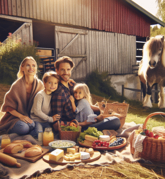 Familievennlig piknik ved stall: foreldre og barn med kurv fulle av lokale delikatesser, ost, brød, frukt og en ponni i bakgrunnen, varmt naturlig lys, landlig norsk setting