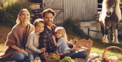 Familievennlig piknik ved stall: foreldre og barn med kurv fulle av lokale delikatesser, ost, brød, frukt og en ponni i bakgrunnen, varmt naturlig lys, landlig norsk setting